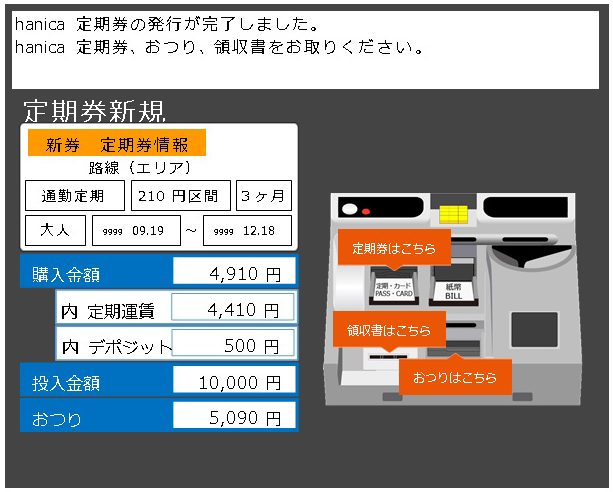 hanica定期券を発行します。おつりと領収書がある場合は、お受け取りください。
