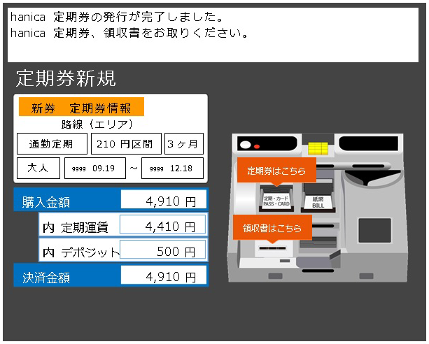 hanica定期券を発行します。領収書がある場合は、お受け取りください。