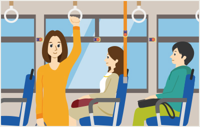 To prevent accidents while the bus is moving, look for an open seat or hold onto one of the hanging straps or bars.